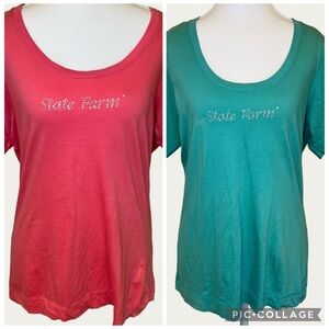 State Farm Women's Jeweled Short Sleeve Tees - Pink and Turquoise Size Medium